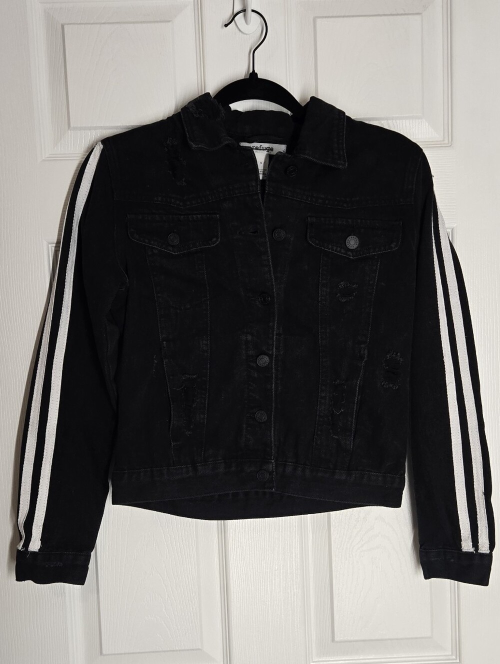 Refuge Black Distressed Denim Jacket White Racing Stripes Small